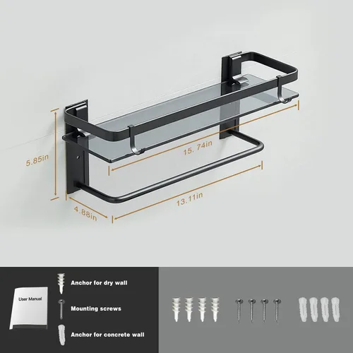 Miniatura 2 de VOLPONE Estante de vidrio para baño de 15.7 pulgadas, estantes de baño negros montados en la pared, estantería de vidrio templado con 2 ganchos