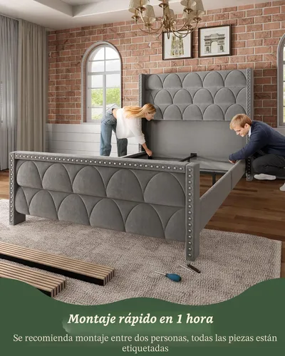 Miniatura 7 de OHOHOLIVE Marco de cama tamaño Queen con cabecero de 56 pulgadas, marco de cama tapizado de terciopelo con plataforma con respaldo de alas, sin Gris
