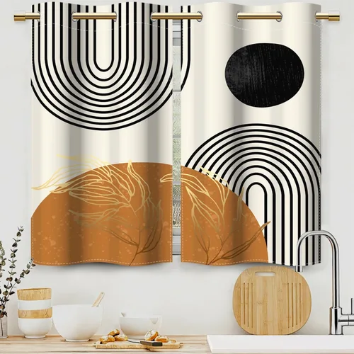 Cortinas bohemias de cocina, diseño abstracto de mediados de siglo, arco negro, cortinas rústicas cortas para ventana de comedor, caravana, 21 x 45