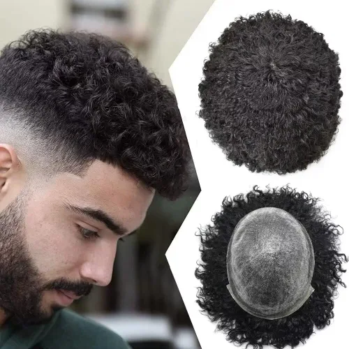 Unidades de cabello para hombres negros, sistema de reemplazo de cabello humano brasileño afro coily Kinky rizado pieza de inyección piel PU