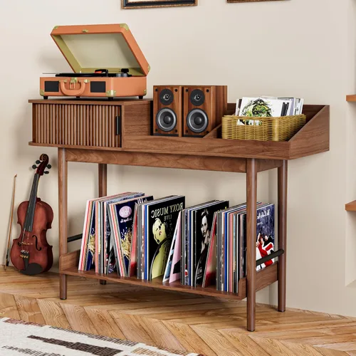 Miniatura 4 de Soporte para tocadiscos moderno de mediados de siglo, almacenamiento de discos de vinilo con puertas corredizas acanaladas, mesa grande