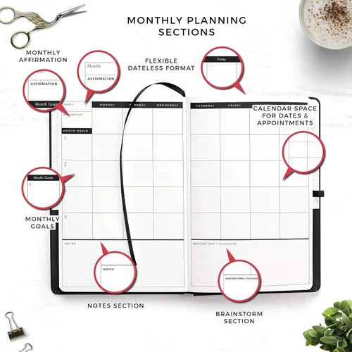 Miniatura 5 de Smart Planner Pro - Agenda diaria sin fecha - Pequeño A5 - Logra objetivos y aumenta la productividad - Semanal, mensual, secciones de trabajo, Rojo
