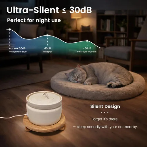 Miniatura 4 de Fuente de agua de cerámica para gatos, fuente automática para beber mascotas de 1 litro/32 onzas, bomba silenciosa alimentada por USB, triple Verde