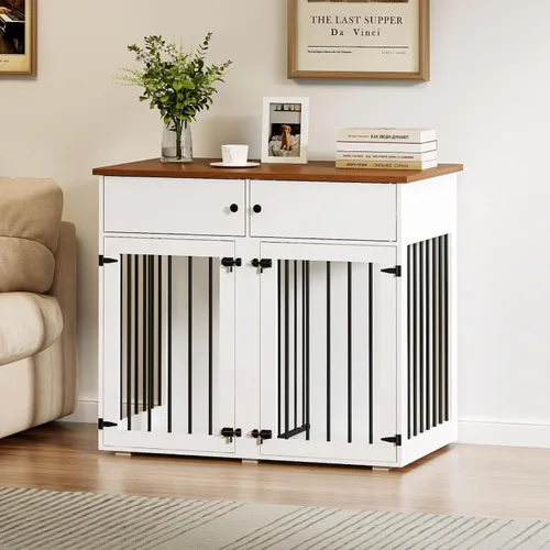 Miniatura 7 de Mueble de jaula para perros grande, perrera de interior de 41 pulgadas con divisor removible y puertas dobles, jaulas de madera para perros para 2