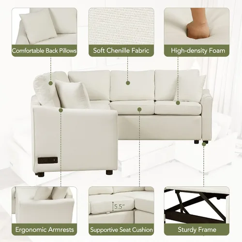 Miniatura 4 de JIVOIT Sofá cama moderno en forma de L con dos almohadas de respaldo, sofá cama modular de 124.8 pulgadas con cama extraíble, sofá modular Beige 052
