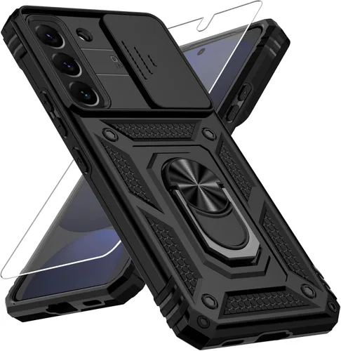 Funda para Samsung Galaxy S22 Plus con cubierta para lente de cámara, protector de pantalla HD, protección contra caídas de grado militar de 10 Negro