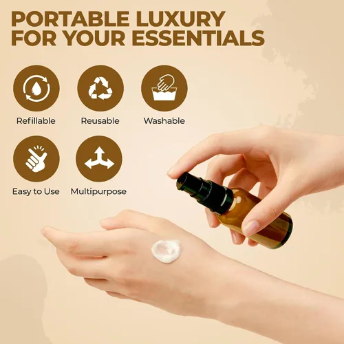 Miniatura 4 de VitalUp Botella de bomba de vidrio ámbar recargable vacía ideal para crema de loción, aceite esencial, contenedor pequeño de viaje, paquete de 2