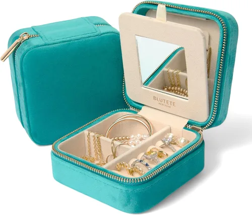 Miniatura 19 de BLUTETE Joyero de viaje organizador de terciopelo con anillos de espejo, aretes, collares, caja organizadora de almacenamiento (negro)