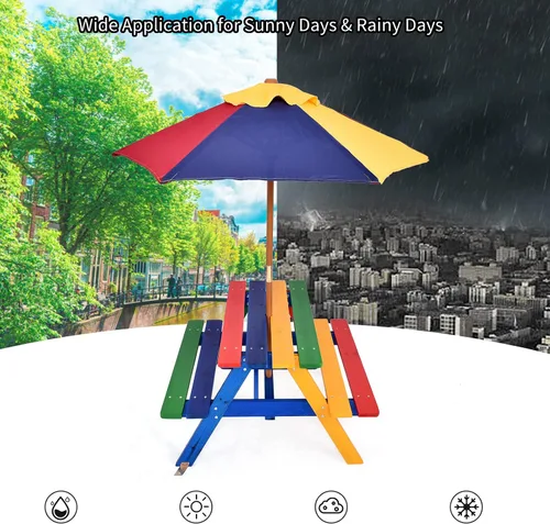 Miniatura 3 de HONEY JOY Mesa de picnic para niños, juego de mesa y banco de madera de abeto para exteriores con paraguas plegable y extraíble, mesas de picnic