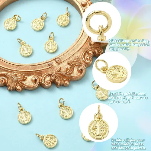 Miniatura 3 de KitBeads 30 dijes chapados en oro de la cruz de Jesús, colgantes de medalla de San Benito, dijes de religión de latón para hacer joyas, collares