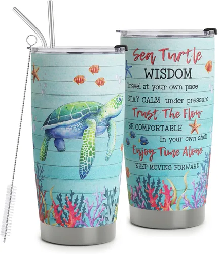 Regalos de tortuga marina HOMISBES para mujeres - Taza de sabiduría de tortuga marina de acero inoxidable de 20 onzas para amantes de las tortugas -