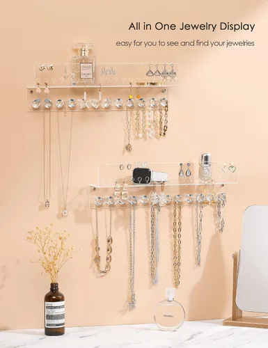 Miniatura 2 de Organizador de joyas colgante de acrílico montado en la pared con estante flotante, organizador de collar y organizador de aretes para mujeres