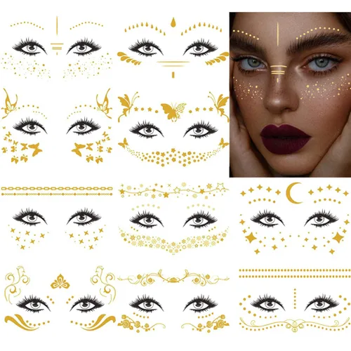 Uranian Calcomanías temporales para tatuajes faciales dorados, pecas para mujeres, transferencia de mariposas, tatuajes metálicos, estilos mixtos,