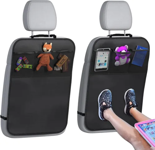 Miniatura 11 de lebogner Funda de asiento trasero para niños + organizador de almacenamiento de 3 bolsillos, paquete de 2 alfombrillas protectoras para asiento Beige