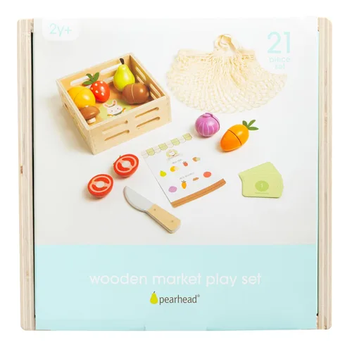 Miniatura 9 de Pearhead Juego de comida de madera para jugar, juguete de cocina de 21 piezas, para cortar frutas y verduras, certificado FSC, mercado