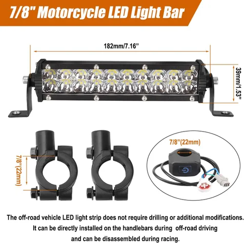 Miniatura 2 de Barra de luz para bicicleta de tierra LED de 60W 2500LM, kit de faro de motocicleta universal con interruptor para manillares de 7/8" CRF110 CRF230F