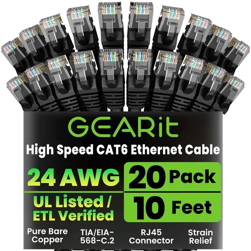 Miniatura 25 de Paquete de Cable Ethernet Cat 6 GEARit - Pack de 10 cables de conexión Ethernet Cat6 de 15 pies Cable de conexión de red RJ45, conectores dorados