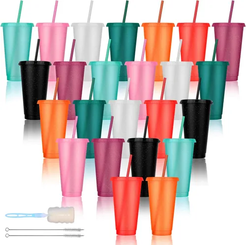 Miniatura 13 de Paquete de 24 vasos de plástico con tapas y popotes, vasos reutilizables con tapas y popotes, vasos coloridos para bebidas frías y café helado