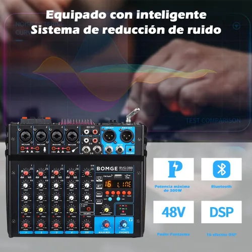 Miniatura 6 de BOMGE Amplificador mezclador de sonido de audio alimentado por dj de 6 canales, altavoz estéreo de 100 W, efectos de receptor de audio