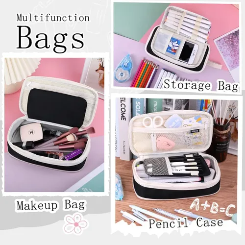 Miniatura 4 de iSuperb Estuche para lápices de gran capacidad, bolsa portátil para bolígrafos con 2 compartimentos, organizador de bolígrafos negro
