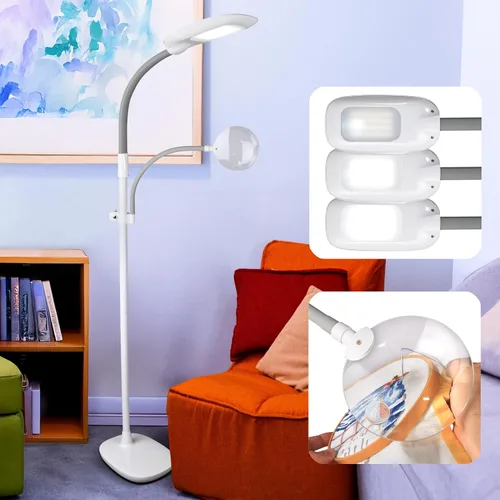 OttLite Lámpara de pie LED con lupa de grado óptico, tecnología LED ClearSun, 3 ajustes de brillo, brazos ajustables y controles sensibles al tacto,