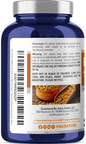 Miniatura 2 de NusaPure Polen de abeja 1500mg 200 cápsulas vegetales (100% vegetariano, sin OMG, vegano) Proteínas naturales, aminoácidos