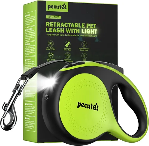 Miniatura 11 de Pecute Correa retráctil para perro con linterna, correa retráctil resistente de 26 pies para mascotas con luz, control de un botón, protección