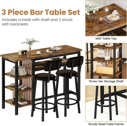 Miniatura 6 de Recaceik Juego de mesa de comedor de bar de 47 pulgadas para 2, juego de mesa de bar y sillas de 3 piezas, juego de mesa de comedor de altura