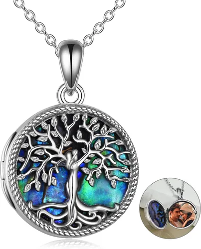 ONEFINITY Tree of Life Locket Necklace Sterling Silver Abalone Shell Tree of Life Locket Necklace That Holds Pictures Tree of Life Jewelry for Women