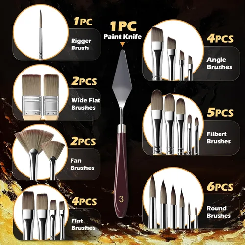 Miniatura 3 de Juego de pinceles de pintura acrílica, Golden Maple 25 pinceles para pintura acrílica, óleo, acuarela y lienzo, juego de pinceles sintéticos