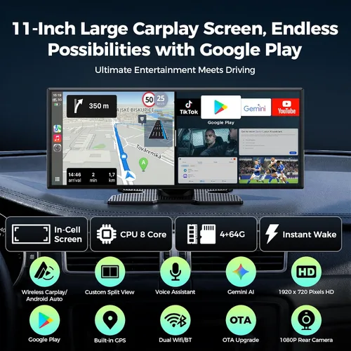 Miniatura 2 de LAMTTO Pantalla AI CarPlay de 11 pulgadas con aplicaciones de descarga de Google-Play y Gemini, 8 núcleos suaves, juego inalámbrico para Android
