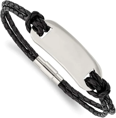 Pulsera de identificación de cuero negro pulido grabado personalizado pulido grabado para hombres o mujeres, longitud 8.25 pulgadas de ancho 0.197in