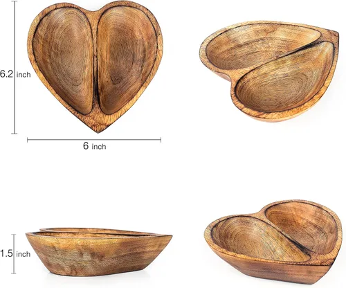 Miniatura 2 de WitnyStore Cuenco en forma de corazón de 6 pulgadas, funcional y coleccionable, cuenco de madera hecho a mano para servir frutos secos, postres