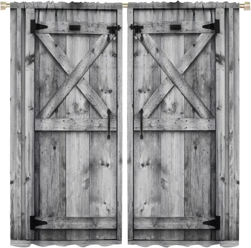 Cortinas rústicas para puerta de granero, rústicas, vintage, de madera, casa de campo, campo occidental, estampado retro, con bolsillo para barra,