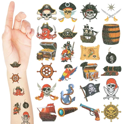 Landhoow 240 tatuajes piratas con purpurina temporales para niños, decoraciones de fiesta pirata, tatuajes faciales, calcomanías para el cuerpo,