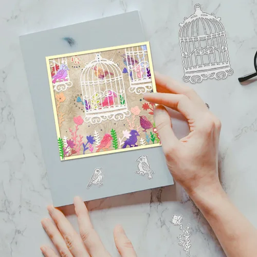 Miniatura 6 de BENECREAT Jaula de pájaros con plantillas de troqueles de corte de acero al carbono con flores, plantillas de troqueles de corte de metal
