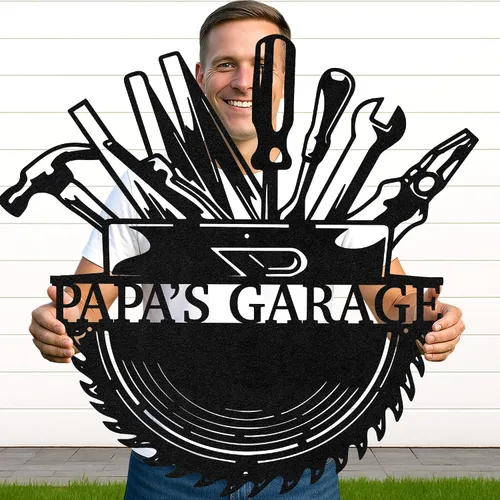 Miniatura 37 de Letrero de metal personalizado para garaje, arte de pared personalizado para hombres, decoración de taller mecánico con nombre, decoración
