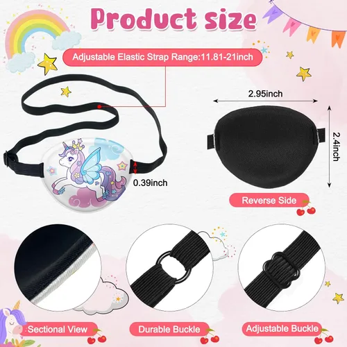 Miniatura 2 de Eurzom 8 parches de tela estilo unicornio para niños, parche ajustable para un solo ojo con correa elástica, reutilizable, varios patrones