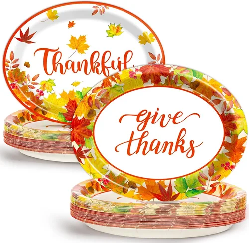Qyeahkj 50 platos de papel ovalados de Acción de Gracias, grandes, 11 pulgadas, desechables, decoraciones de fiesta de otoño, suministros de