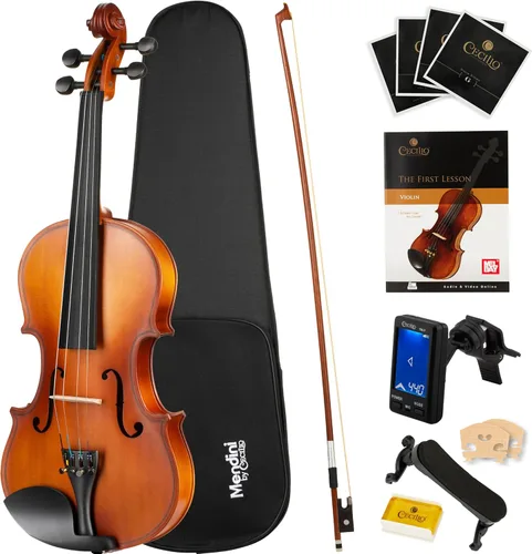 Miniatura 13 de Violín Mendini de madera sólida, libro de lecciones, cuerdas extra, sintonizador violín, arco y estuche, Blanco