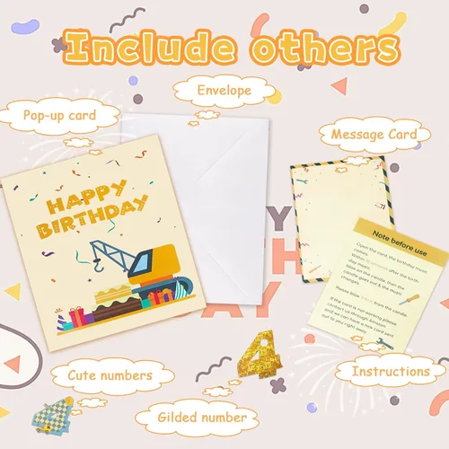 Miniatura 5 de Tarjeta de felicitación 3D de 4º cumpleaños con luz y música, tarjeta de camión grúa para niño, sobrino, nieto, hijo, niño pequeño, con sobre, 4th