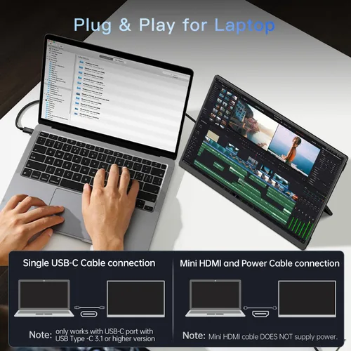 Miniatura 4 de Monitor portátil de 15.6 pulgadas FHD 1080p con batería integrada de 13500 mAh, soporte y altavoces, monitor de viaje externo HDMI USB C