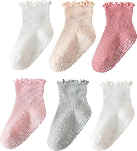 6 pares de calcetines con volantes para niñas, calcetines antideslizantes para bebés, bonitos y con volantes