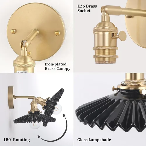Miniatura 4 de Shenmoyl - Aplique de pared vintage con pantalla de lámpara plisada de cerámica negra, apliques de latón ajustables a 180 grados, lámpara de pared