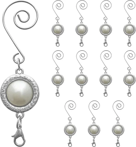 BANBERRY DESIGNS Ganchos para adornos de Navidad con una perla, gancho en S y pinza de langosta - Juego de 12 - Perla blanca en un marco plateado -