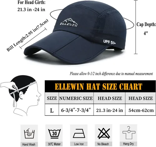 Miniatura 12 de ELLEWIN Gorra de béisbol unisex UPF 50 sin estructura, con pico grande y plegable