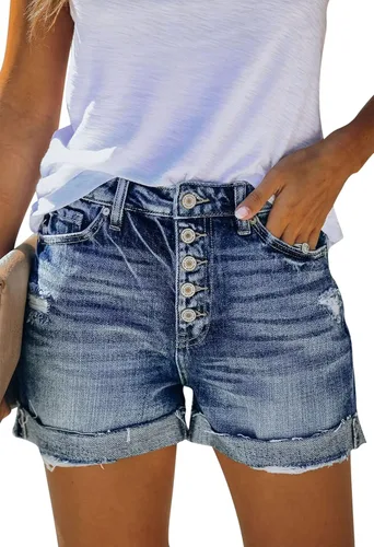Miniatura 2 de HUUSA Pantalones cortos de mezclilla rasgados para mujer, cintura alta, desgastados, casuales, dobladillo enrollado, pantalones cortos con bolsillos