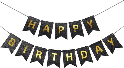 Clabby Cartel de feliz cumpleaños negro con purpurina con letras brillantes de feliz cumpleaños con purpurina brillante para colgar suministros de