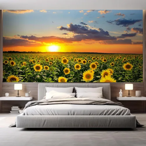 wall26 Campo de girasoles en flor sobre un fondo de atardecer - Mural de pared removible | Papel pintado grande autoadhesivo - 48x72 pulgadas