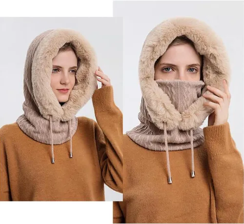 Miniatura 3 de Gorro de forro polar holgado de una pieza para mujer, bufanda con capucha, pasamontañas, cálido invierno, resistente al viento, con cordón
